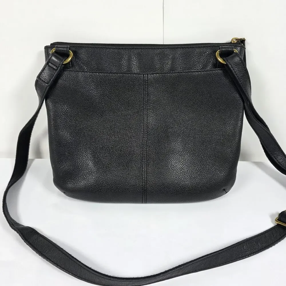Fossil Black Leather Crossbody Bag Pebbled Adjustable Strap Zip Pocket Purse